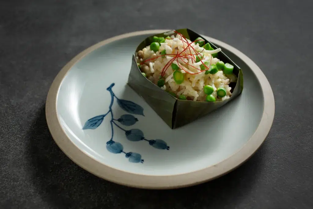 A vegan fine dining dish with Japanese risotto and vegan cheese.