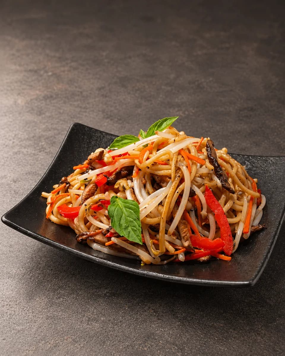 Vegetable noodles with mushrooms, peppers and fresh basil on a black plate