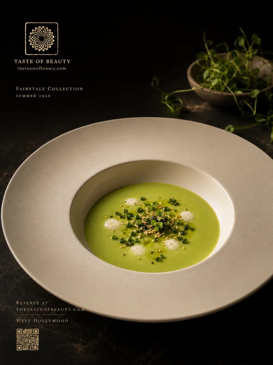 Green vegetable soup with coconut cream in a white bowl