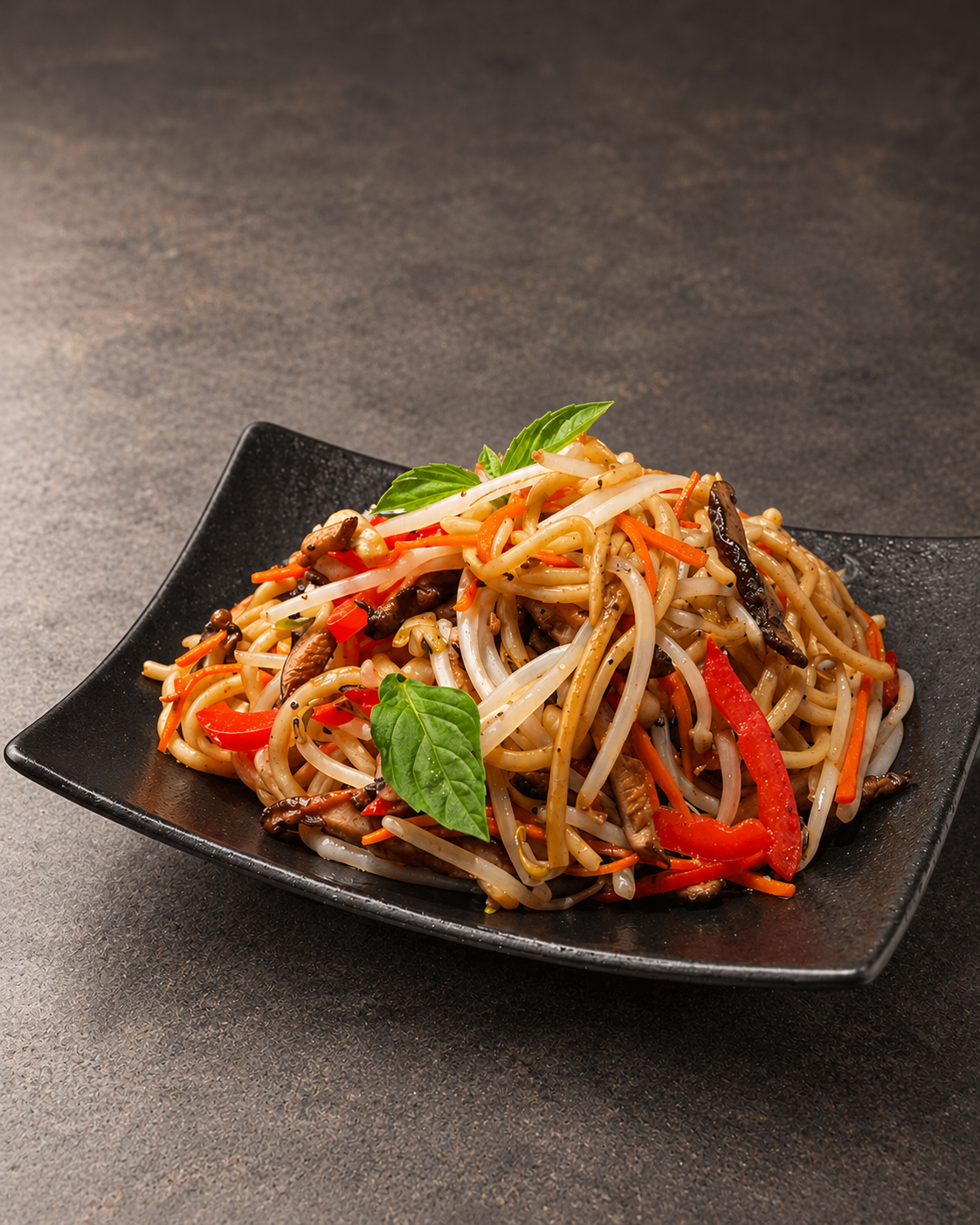 Vegetable noodles with mushrooms and fresh basil at Taste of Beauty