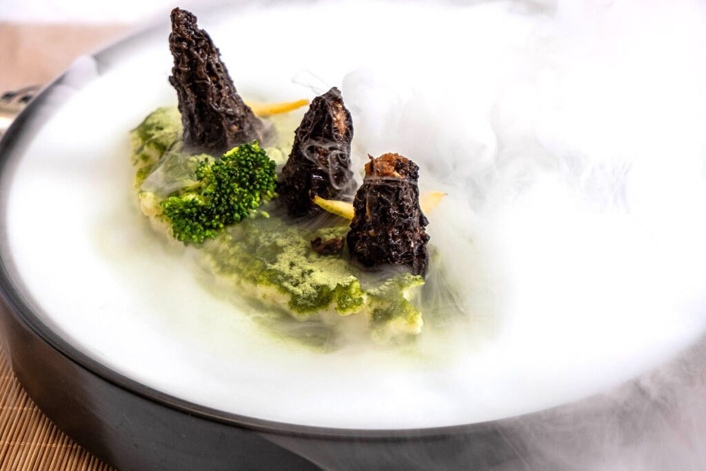 A vegan fine dining dish with morels and shiitake mushrooms