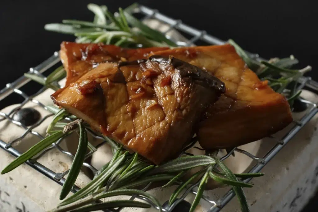 A vegetarian fine dining dish with rosemary and oyster mushrooms