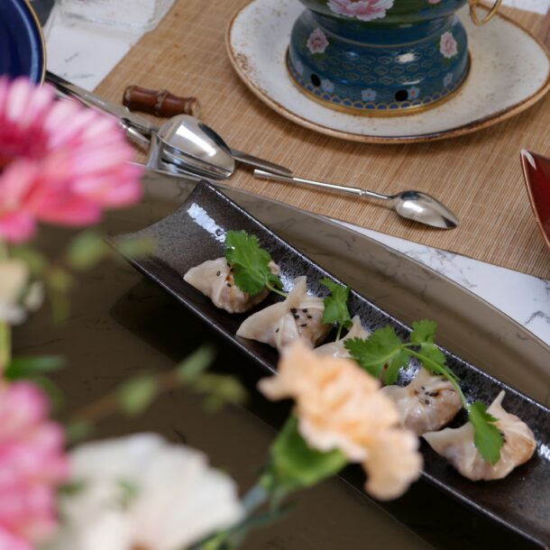 Elegant Gourmet Dining – Handmade Dumplings and Luxury Tea Setting